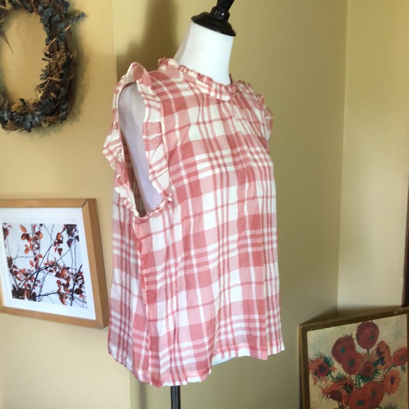 ISABELE SINCLAIR size XL Plaid Pink-Ecru Hi-Collar Ruffle Buttonfront $88 NEW - Picture 3 of 12